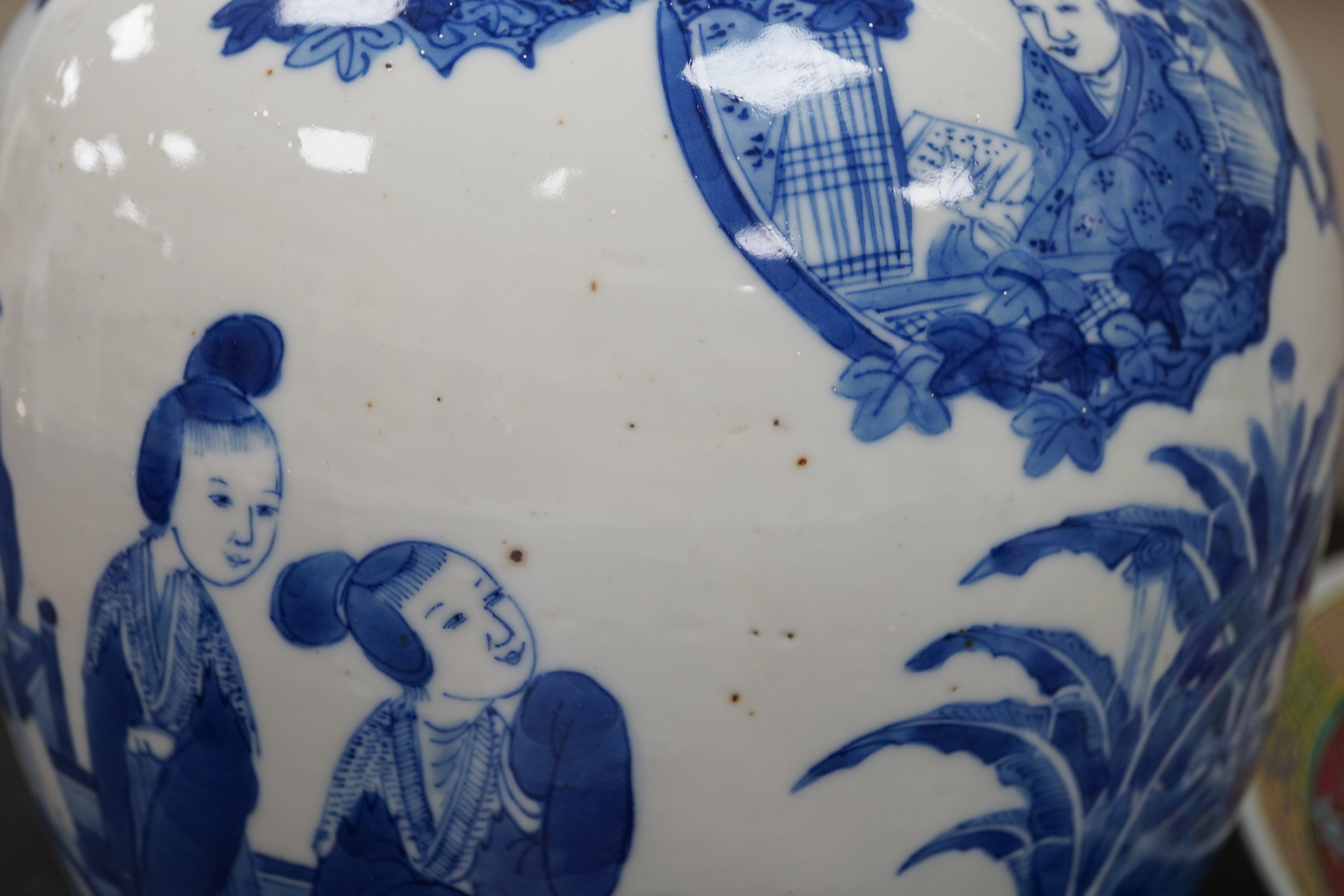 A large Chinese blue and white ‘Romance of the Western chamber’ ovoid jar and cover, Kangxi mark, but late 19th century